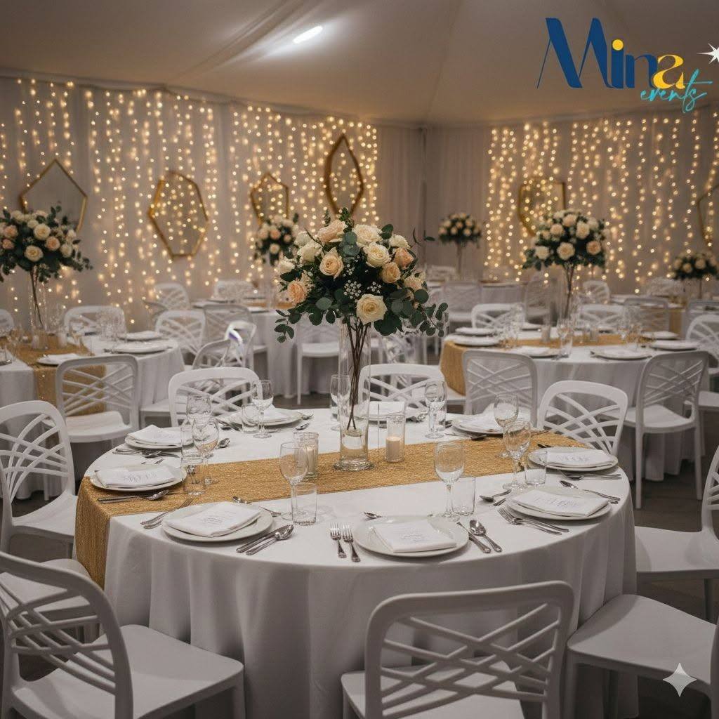 Salle dressée avec guirlandes lumineuses